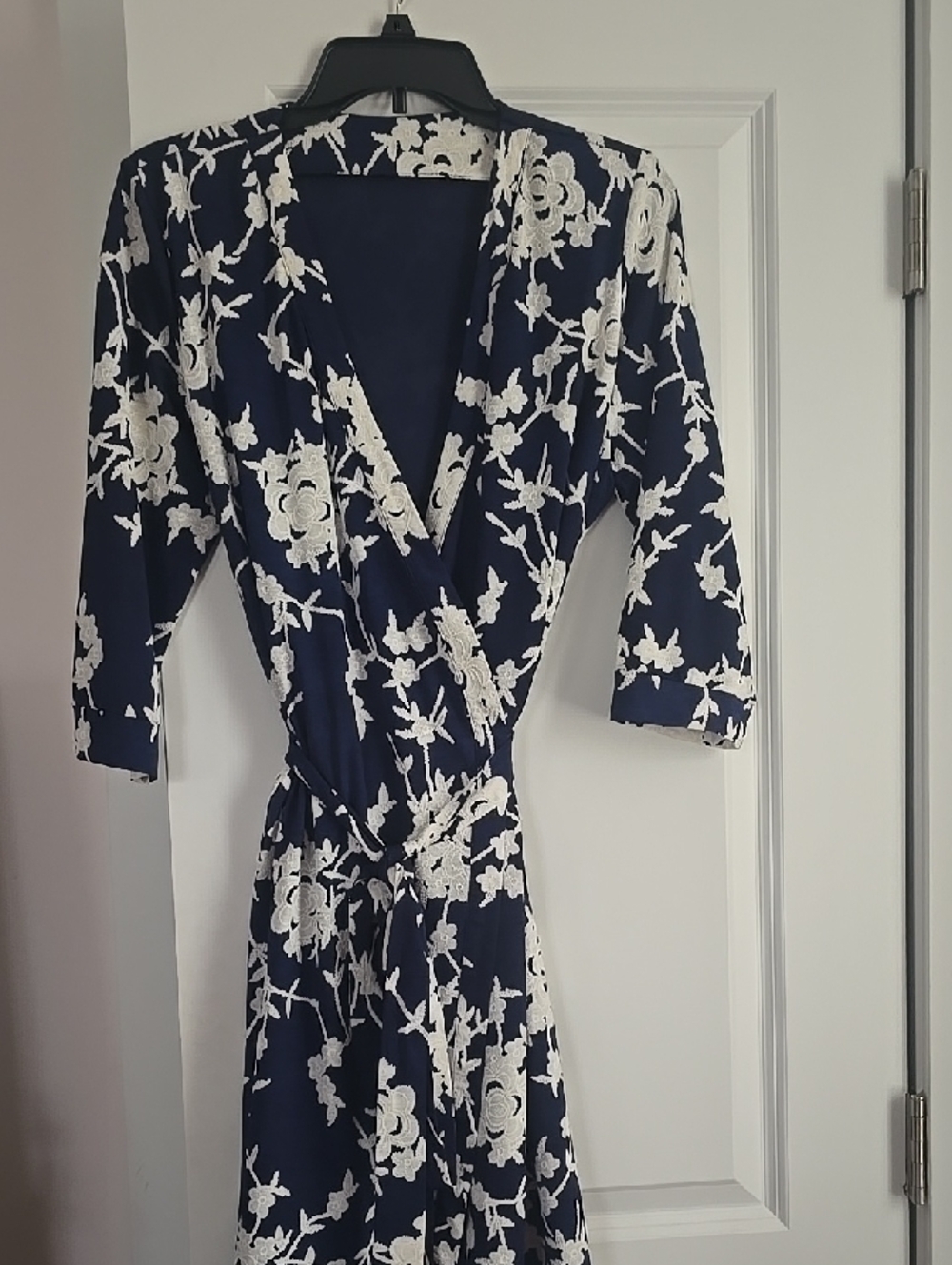 Navy Wrap Dress with White Floral Embroidery